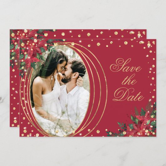 赤金ゴールドポインセチア写真結婚クリスマス セーブザデート (正面/裏面)