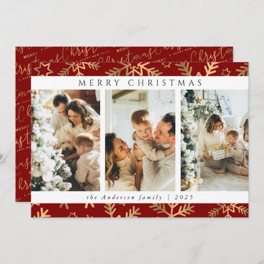 赤金ゴールドモダンメリークリスマスフォトコラージュ シーズンカード (正面/裏面)