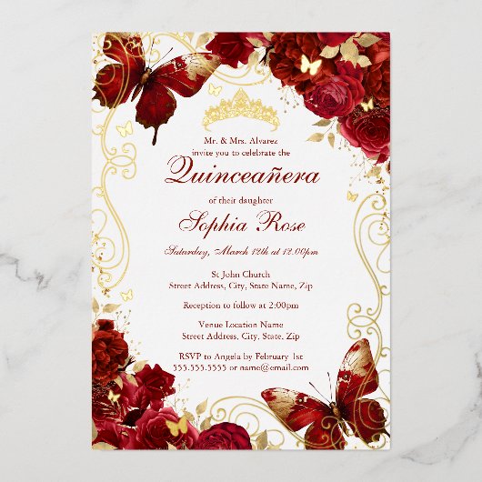 赤金ゴールドヴィンテージ蝶フローラキンセアニェラ 箔招待状 (正面)