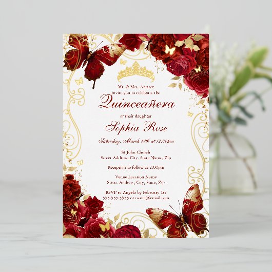 赤金ゴールドヴィンテージ蝶フローラキンセアニェラ 箔招待状 (立ち正面)