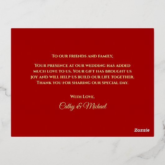 赤金ゴールド中国のフローラ結婚サンキューカード 箔シーズンポストカード (裏面)