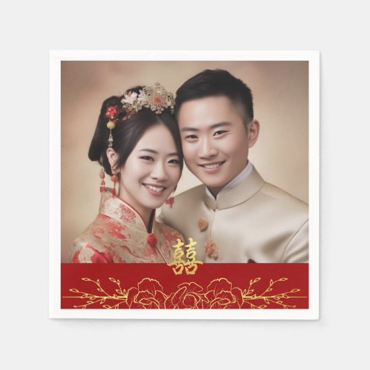 赤金ゴールド中国のフローラ結婚写真二重習氏 スタンダードカクテルナプキン (正面)