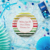 赤金ゴールド及び緑ストライプの模様状 ペーパープレート (パーティー)