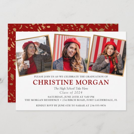 赤金ゴールド大学院写真卒業発表 招待状 (正面/裏面)