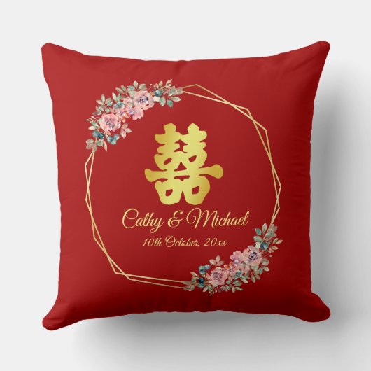 赤金ゴールド幾何学的フローラ中国のリース結婚 クッション (裏面)