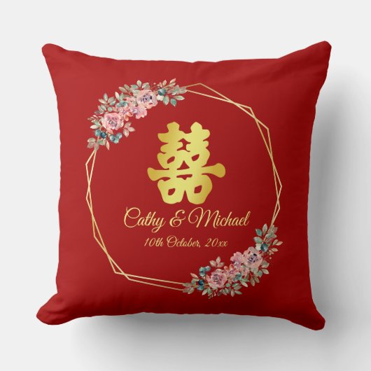 赤金ゴールド幾何学的フローラ中国のリース結婚 クッション (正面)