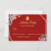 赤金ゴールド幾何学的フローラ中国のリース結婚 出欠カード (正面)