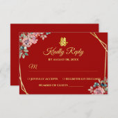 赤金ゴールド幾何学的フローラ中国のリース結婚 出欠カード (正面/裏面)
