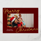 赤金ゴールド書道メリークリスマスシンプル写真 箔シーズンカード (正面)