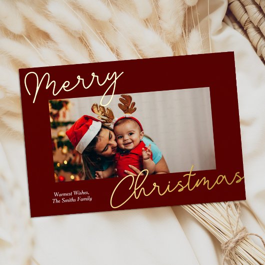 赤金ゴールド書道メリークリスマスシンプル写真 箔シーズンカード