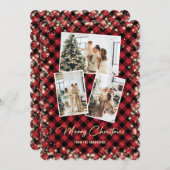 赤金ゴールド格子模様の写真コラージュメリークリスマス シーズンカード (正面/裏面)