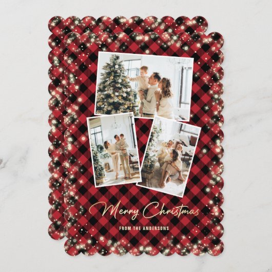 赤金ゴールド格子模様の写真コラージュメリークリスマス シーズンカード (正面/裏面)