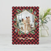 赤金ゴールド格子模様ホリースノーフォトメリークリスマス シーズンカード (スタンド正面)