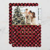 赤金ゴールド格子雪フォトメリークリスマスカード シーズンカード (正面/裏面)