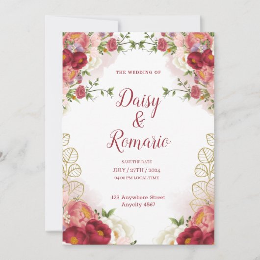 赤金ゴールド水色フローラ保存日 招待状 (正面)