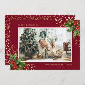 赤金ゴールド水色ホリーフォトクリスマスカード シーズンカード (正面/裏面)