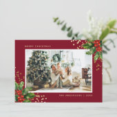 赤金ゴールド水色ホリーフォトクリスマスカード シーズンカード (スタンド正面)