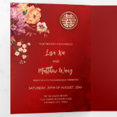 赤金ゴールド牡丹中国の結婚写真 三つ折り招待状 (内部最初)