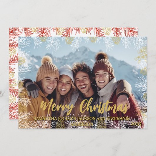 赤金ゴールド白モダン植物写真クリスマス シーズンカード (正面/裏面)