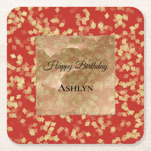 赤金ゴールド紙吹雪抽象芸術誕生日 スクエアペーパーコースター (正面)