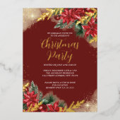 赤金ゴールド緑の葉クリスマスパーティー 箔招待状 (正面)