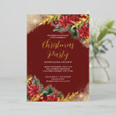 赤金ゴールド緑の葉クリスマスパーティー 箔招待状 (立ち正面)