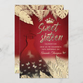 赤金ゴールド葉熱帯グリッター 招待状 (正面/裏面)
