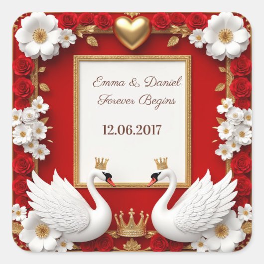 🦢 赤金真珠白鳥の結婚式 ✨ スクエアシール (正面)