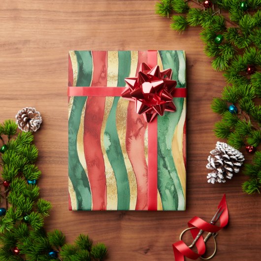 赤金緑ストライプ クリスマス ラッピングペーパー (クリスマスギフト)
