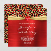 赤金豹柄ホイル宝石ハート 50歳の誕生日 招待状 (正面/裏面)