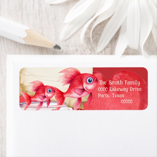 赤金魚と可愛い赤いハート ラベル (インサイチュ)