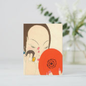 赤鏡デコ美しいファッションメイクアップの女性 ポストカード (スタンド正面)