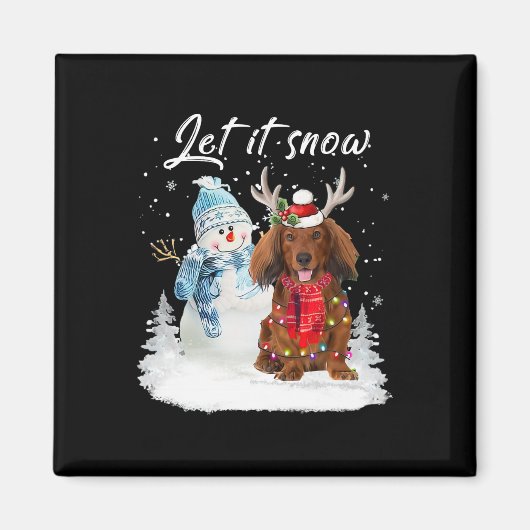 赤長髪ダシュンドサンタドッグクリスマス雪 マグネット (正面)