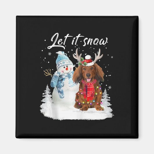 赤長髪ダシュンドサンタドッグクリスマス雪 マグネット (正面)