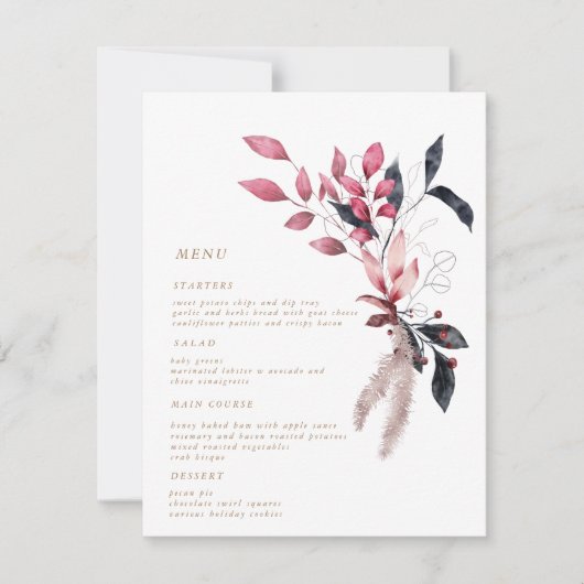 赤霜の降りた冬フローラの結婚ディナーメニューカード 招待状 (正面)