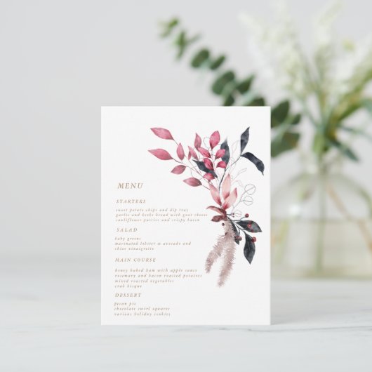 赤霜の降りた冬フローラの結婚ディナーメニューカード 招待状 (スタンド正面)