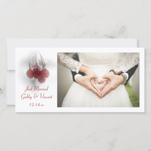 赤霜の降りた果実ウィンターたった今結婚しましたフォトカード 案内状 (正面)