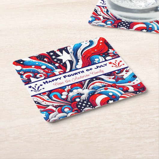 赤青の愛国心パーソナライズされた スクエアペーパーコースター (アングル)