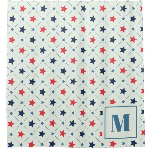 赤青の星黒線の幾何学模様モノグラム シャワーカーテン (正面)