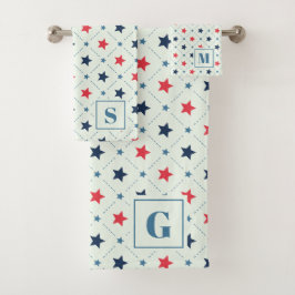 赤青の星黒線の幾何学模様モノグラム バスタオルセット