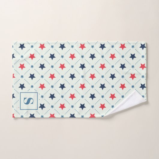 赤青の星黒線の幾何学模様モノグラム バスタオルセット (ハンドタオル)