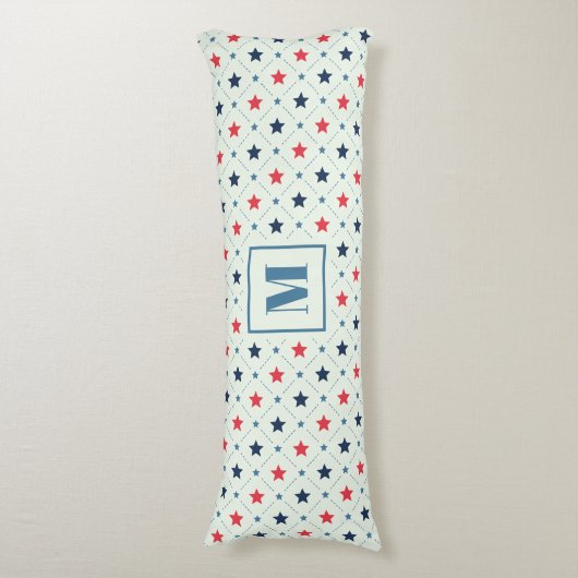 赤青の星黒線の幾何学模様モノグラム ボディピロー (正面縦)