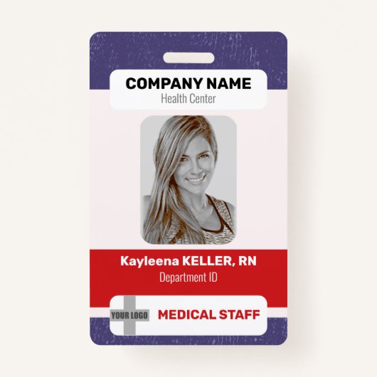 赤青の白い写真バーコードロゴ医療スタッフ バッジ (正面)