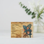 赤青の羽根が付いたアンティークの騎士の兜 名刺 (スタンド正面)