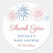 赤青の花火 7月4日 ベビーシャワー お礼ステッカー ラウンドシール (正面)