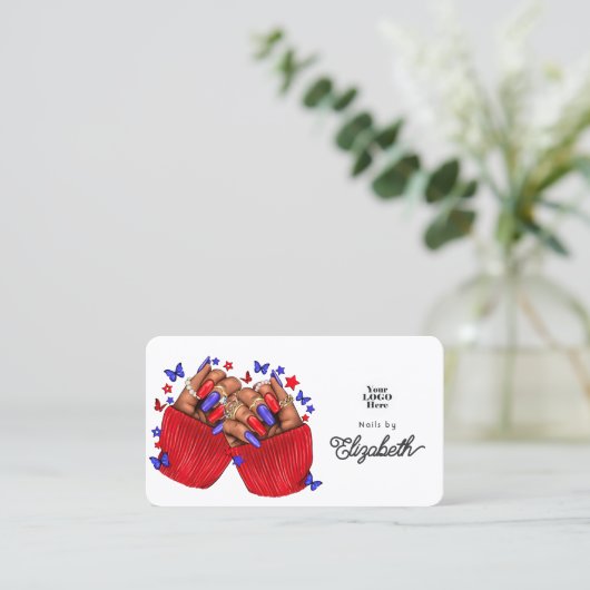 赤青はっきりしたアフリカ系アメリカネイルサロン 名刺 (スタンド正面)