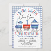 赤青ギンガム チュッガ チュッガ 電車 1歳誕生日 招待状 (正面)