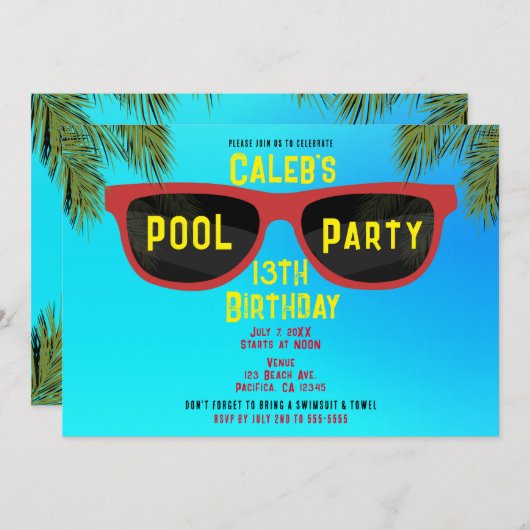 赤青サマーシェードサングラス ビーチ プールパーティー 招待状 (正面/裏面)