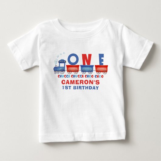 赤青チャッガチャッガトレイン1歳誕生日 ベビーTシャツ (正面)