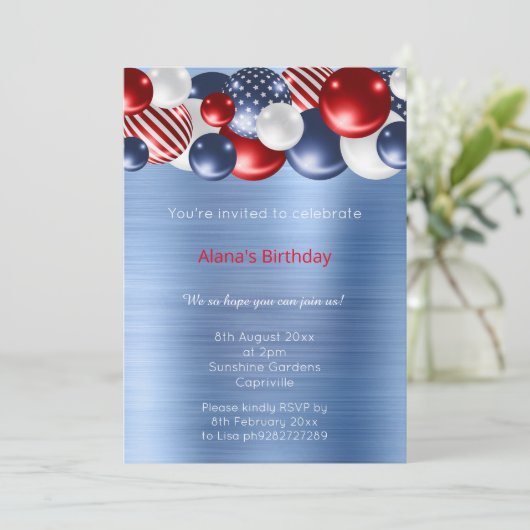 赤青ブラシ仕上げメタリック愛国気球 招待状 (スタンド正面)